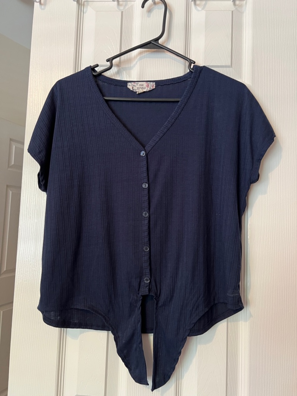 Navy Button-Front V-Neck Tie-Hem Top - Unbranded